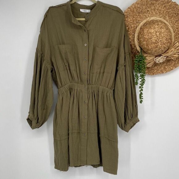 Anthropologie Talulah Cotton Gauze MIDI Dress M Long Sleeve Pockets Button Down - Picture 3 of 14